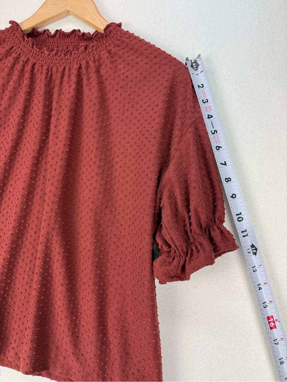 Madewell Texture and Thread Textured Ruffle Neck Top 1/2 Sleeve Rust - Picture 4 of 9